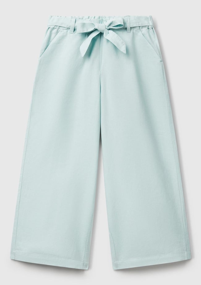  Kız Çocuk Su Yeşili Keten Karışımlı Beli Dikişli Kuşaklı Geniş Paça Pantolon