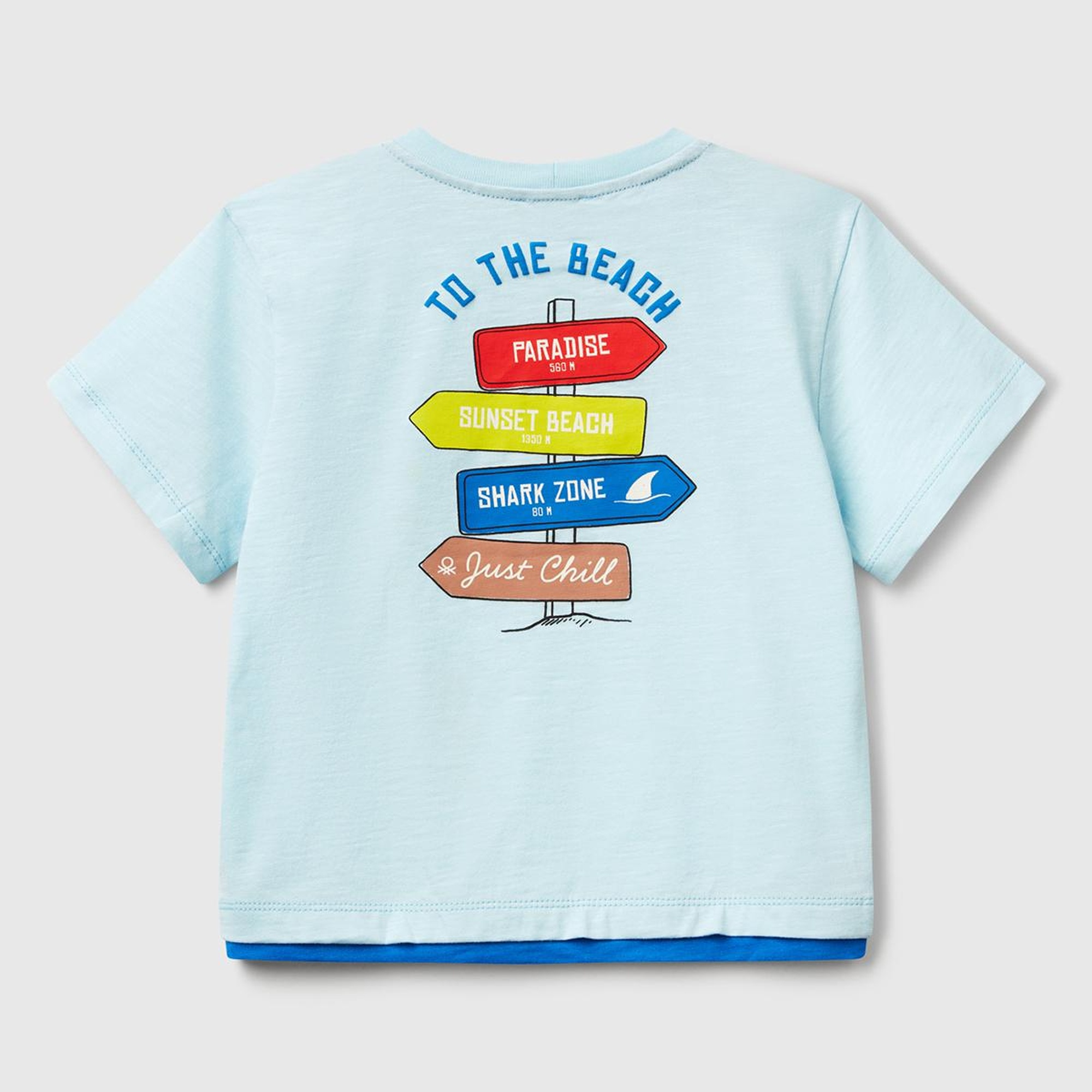 Erkek Çocuk Turkuaz Önü ve Arkası Baskılı Kabartmalı Kontrast Renkli T-Shirt