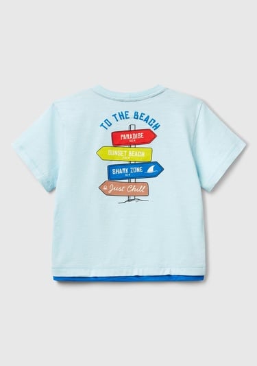  Erkek Çocuk Turkuaz Önü ve Arkası Baskılı Kabartmalı Kontrast Renkli T-Shirt