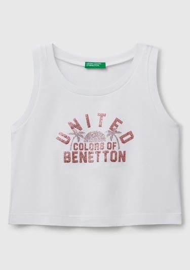  Kız Çocuk Beyaz Simli Benetton Logo Baskılı Atlet