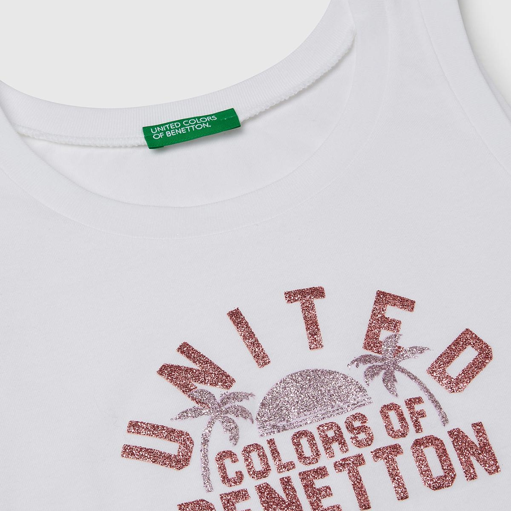 Kız Çocuk Beyaz Simli Benetton Logo Baskılı Atlet