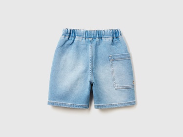  Erkek Çocuk Açık Denim Yan Cebi Logo İşlemeli Büzgü İpli Denim Bermuda Şort