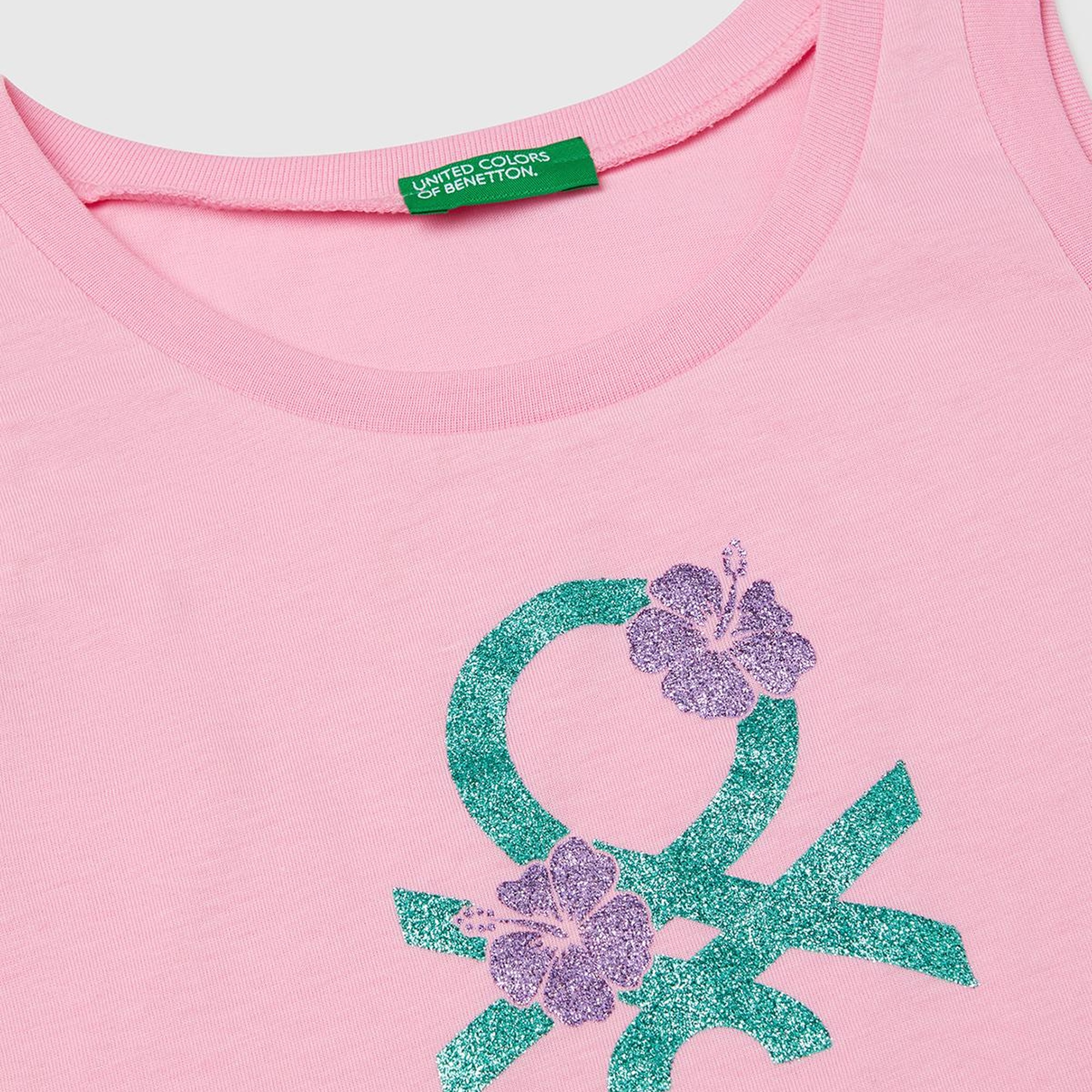 Kız Çocuk Pembe Simli Benetton Logo Baskılı Atlet