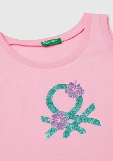  Kız Çocuk Pembe Simli Benetton Logo Baskılı Atlet