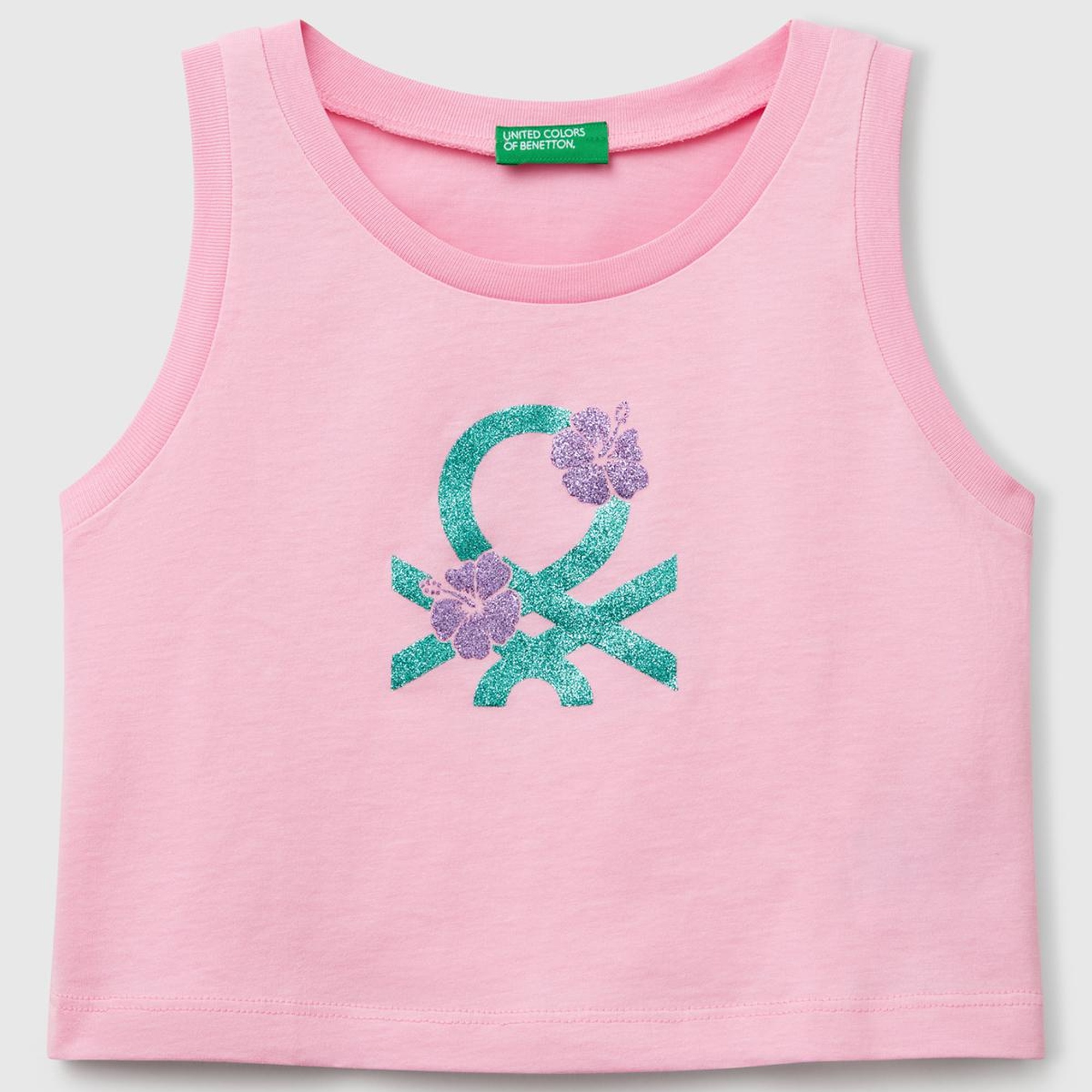 Kız Çocuk Pembe Simli Benetton Logo Baskılı Atlet