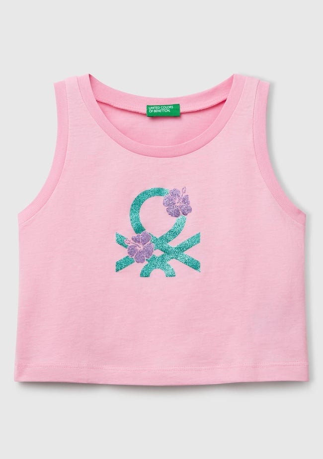  Kız Çocuk Pembe Simli Benetton Logo Baskılı Atlet