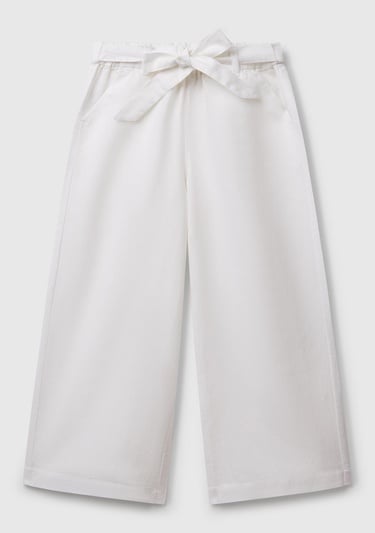  Kız Çocuk Beyaz Keten Karışımlı Beli Dikişli Kuşaklı Geniş Paça Pantolon
