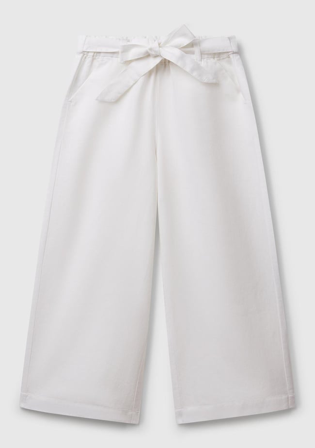  Kız Çocuk Beyaz Keten Karışımlı Beli Dikişli Kuşaklı Geniş Paça Pantolon