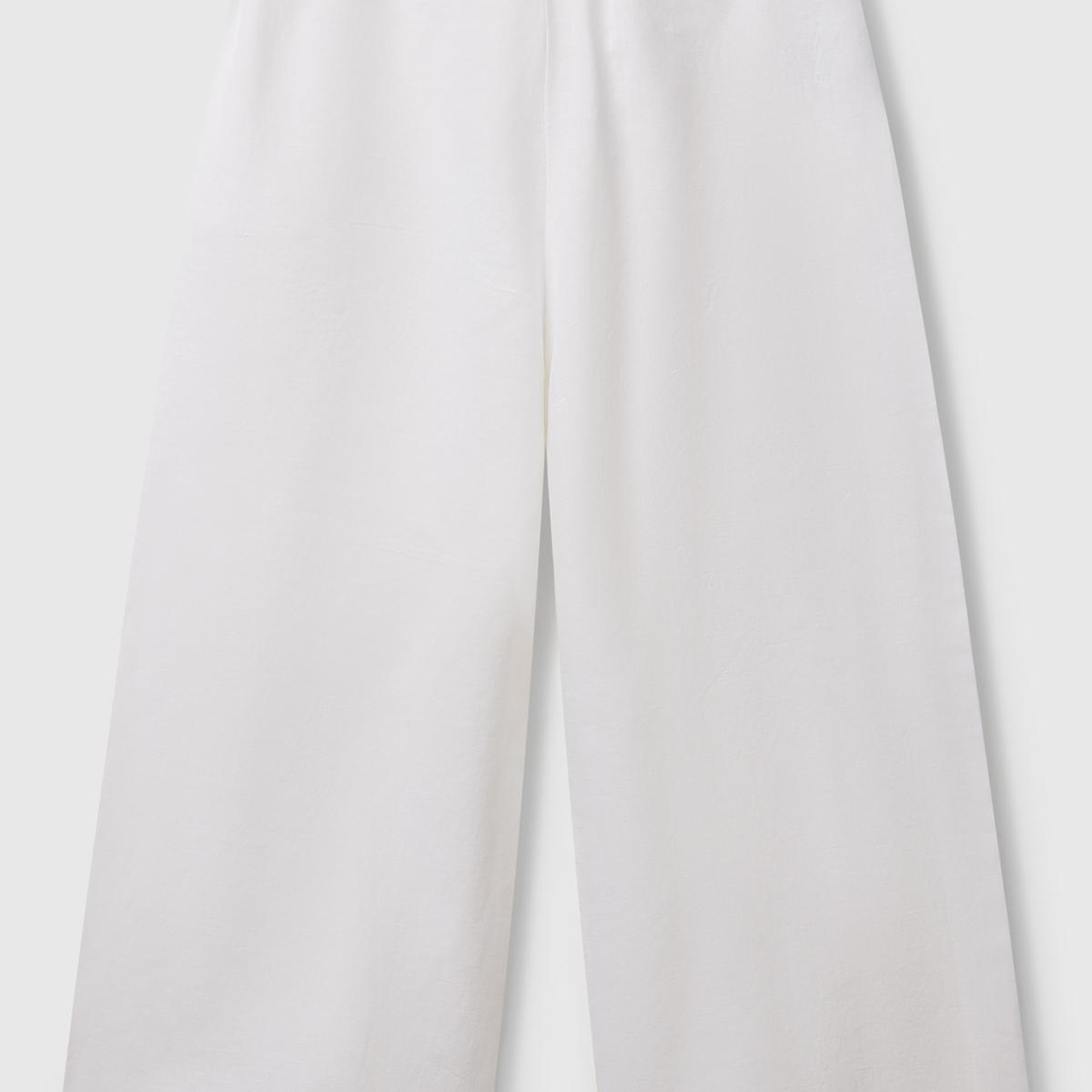 Kız Çocuk Beyaz Keten Karışımlı Beli Dikişli Kuşaklı Geniş Paça Pantolon