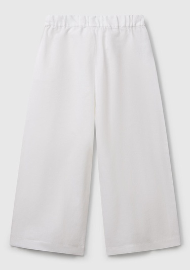  Kız Çocuk Beyaz Keten Karışımlı Beli Dikişli Kuşaklı Geniş Paça Pantolon
