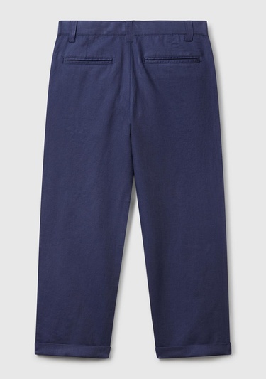 Erkek Çocuk Lacivert Keten Karışımlı Paçası Kıvrılmış Relax Fit Pantolon