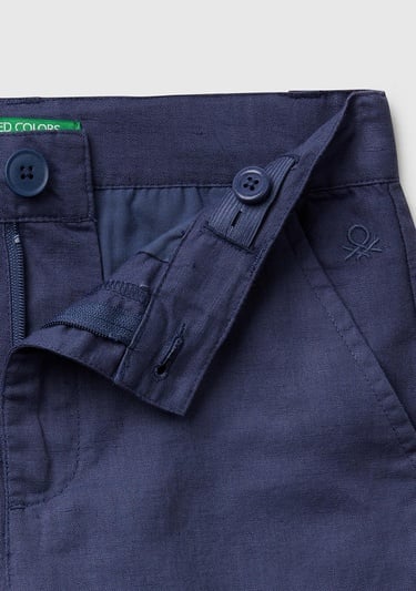  Erkek Çocuk Lacivert Keten Karışımlı Paçası Kıvrılmış Relax Fit Pantolon