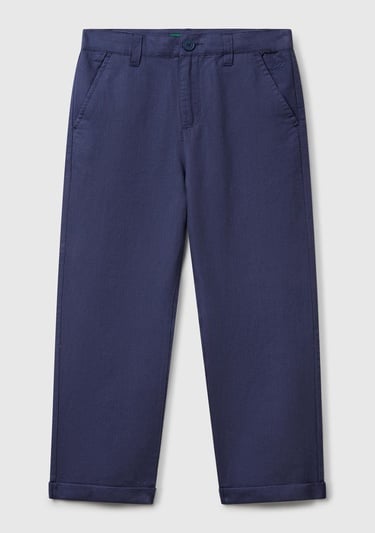  Erkek Çocuk Lacivert Keten Karışımlı Paçası Kıvrılmış Relax Fit Pantolon