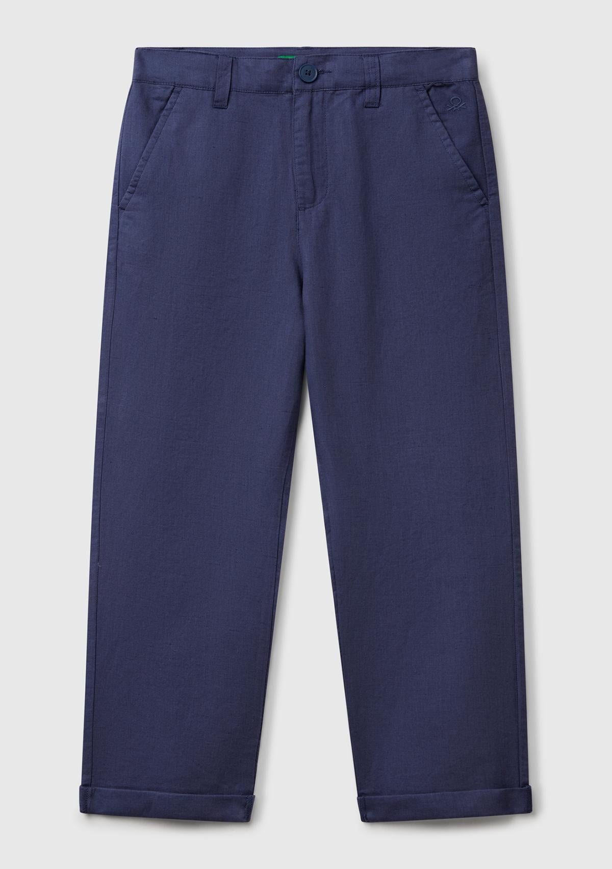  Erkek Çocuk Lacivert Keten Karışımlı Paçası Kıvrılmış Relax Fit Pantolon