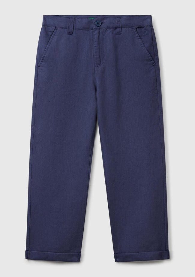  Erkek Çocuk Lacivert Keten Karışımlı Paçası Kıvrılmış Relax Fit Pantolon
