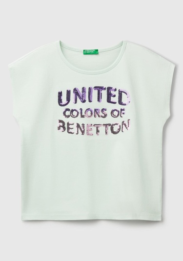  Kız Çocuk Su Yeşili Benetton Logo Baskılı T-Shirt