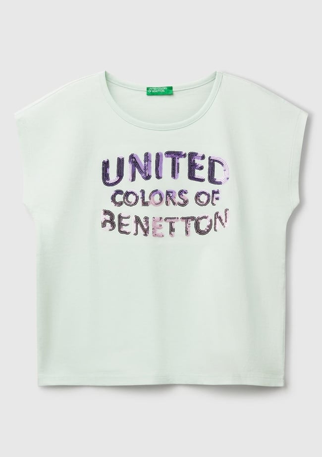  Kız Çocuk Su Yeşili Benetton Logo Baskılı T-Shirt