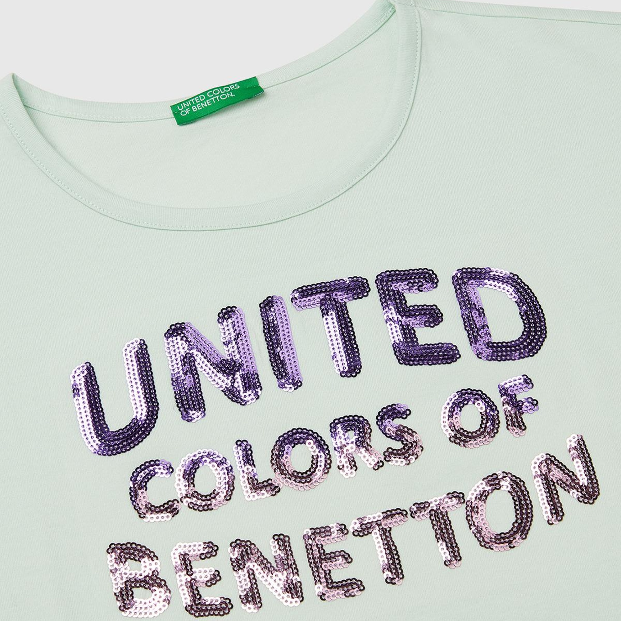 Kız Çocuk Su Yeşili Benetton Logo Baskılı T-Shirt