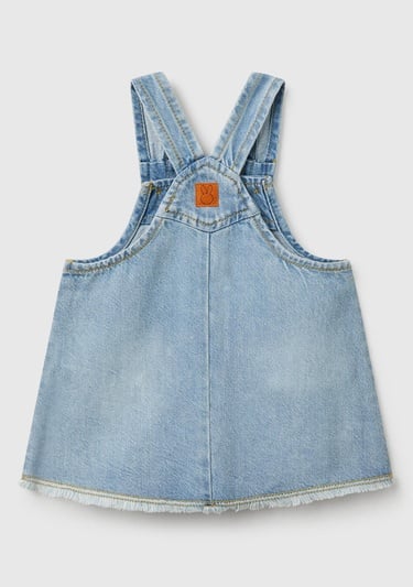  Bebek Denim Arkası Logo Etiketli Yama Cepli Saçaklı Salopet