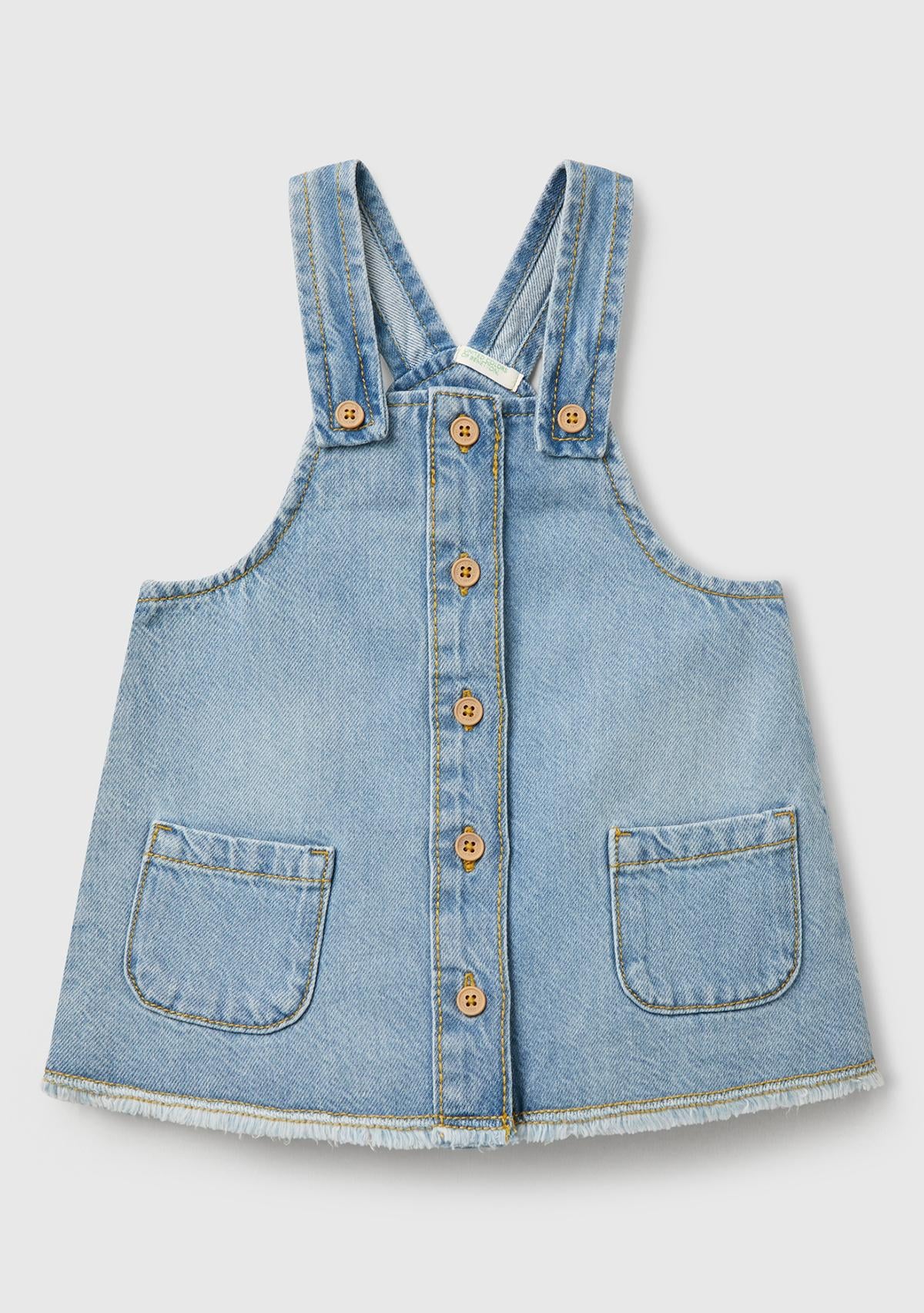  Bebek Denim Arkası Logo Etiketli Yama Cepli Saçaklı Salopet