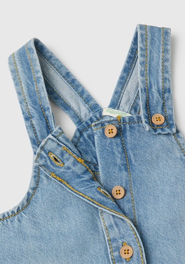  Bebek Denim Arkası Logo Etiketli Yama Cepli Saçaklı Salopet
