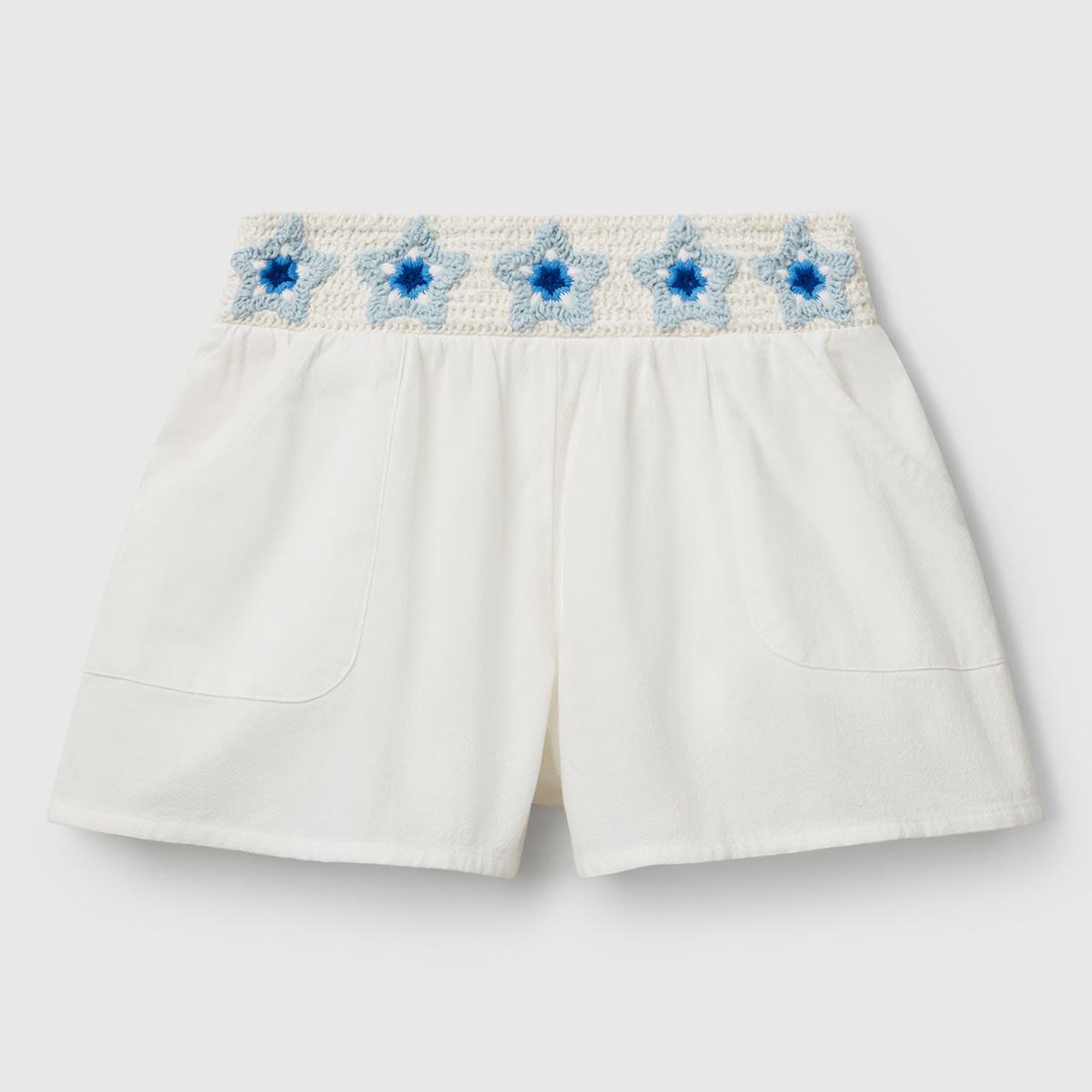 Kız Çocuk Beyaz Beli Makrome Çiçek Aplikeli Lastikli Regular Fit Şort