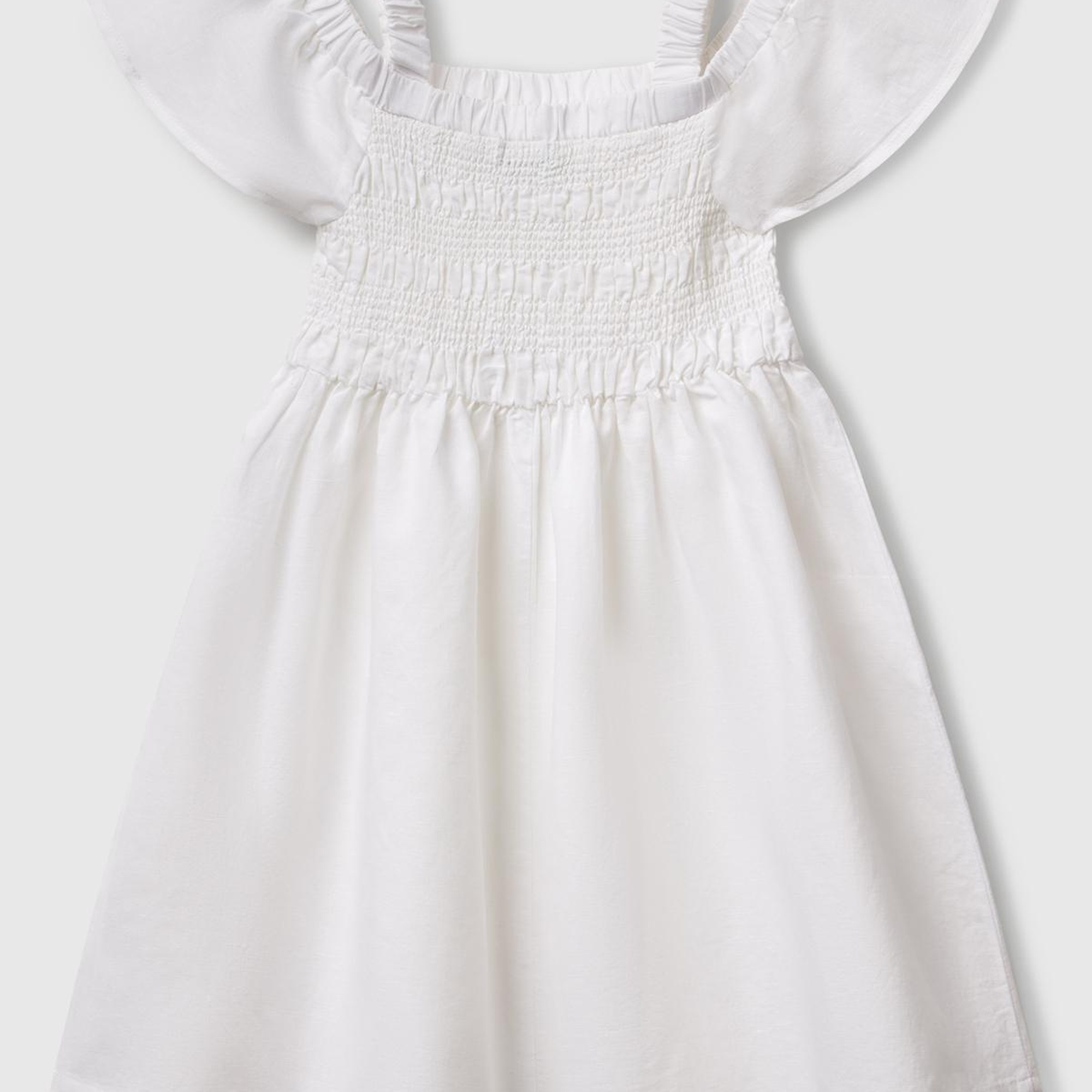 Kız Çocuk Beyaz Fırfırlı Kısa Kollu Büzgü Detaylı Pileli Elbise
