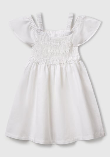  Kız Çocuk Beyaz Fırfırlı Kısa Kollu Büzgü Detaylı Pileli Elbise