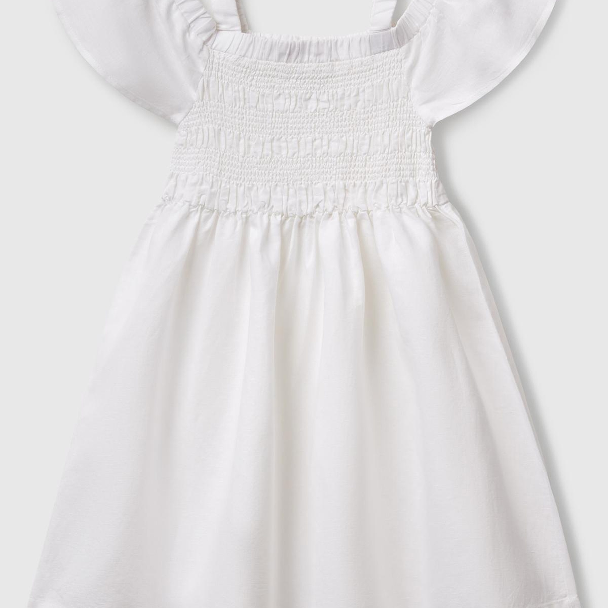 Kız Çocuk Beyaz Fırfırlı Kısa Kollu Büzgü Detaylı Pileli Elbise