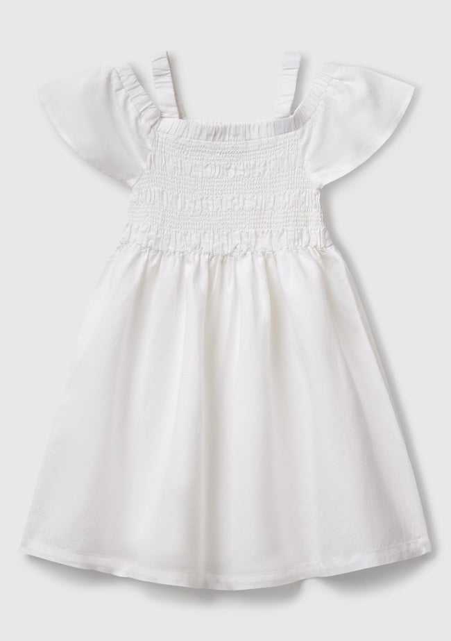  Kız Çocuk Beyaz Fırfırlı Kısa Kollu Büzgü Detaylı Pileli Elbise