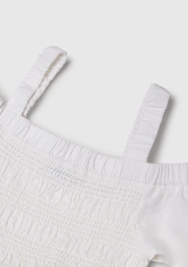  Kız Çocuk Beyaz Fırfırlı Kısa Kollu Büzgü Detaylı Pileli Elbise