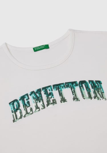  Kız Çocuk Beyaz Benetton Logo Baskılı T-Shirt