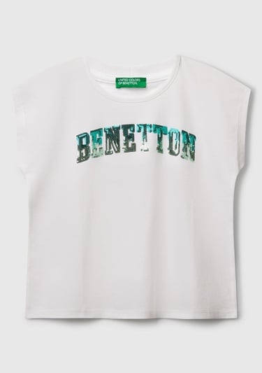  Kız Çocuk Beyaz Benetton Logo Baskılı T-Shirt