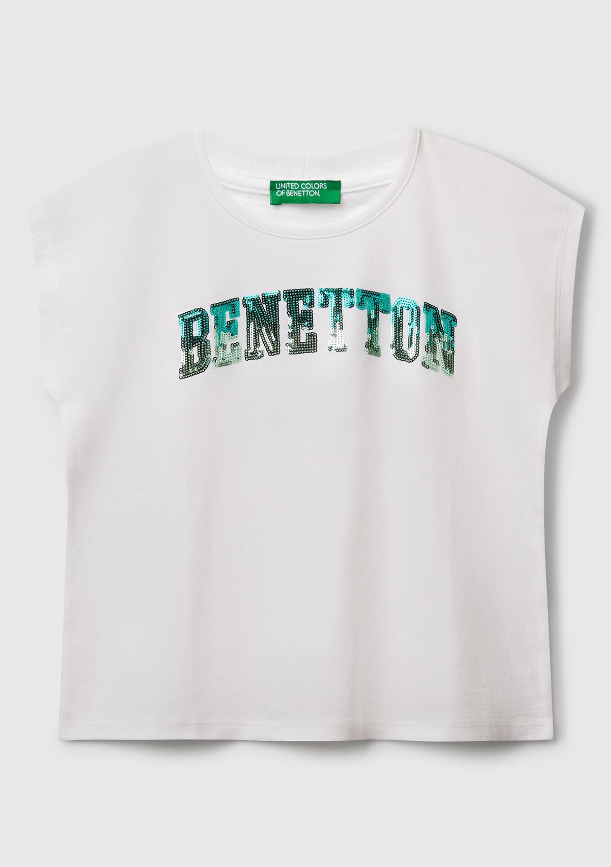  Kız Çocuk Beyaz Benetton Logo Baskılı T-Shirt