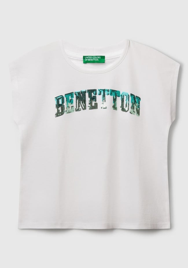  Kız Çocuk Beyaz Benetton Logo Baskılı T-Shirt