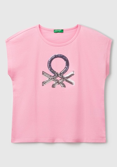  Kız Çocuk Pembe Benetton Logo Baskılı T-Shirt
