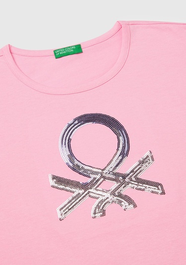  Kız Çocuk Pembe Benetton Logo Baskılı T-Shirt