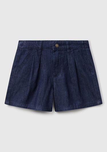  Kız Çocuk Koyu Denim Arka Beli Lastikli Logo İşleme Detaylı Şönil Şort