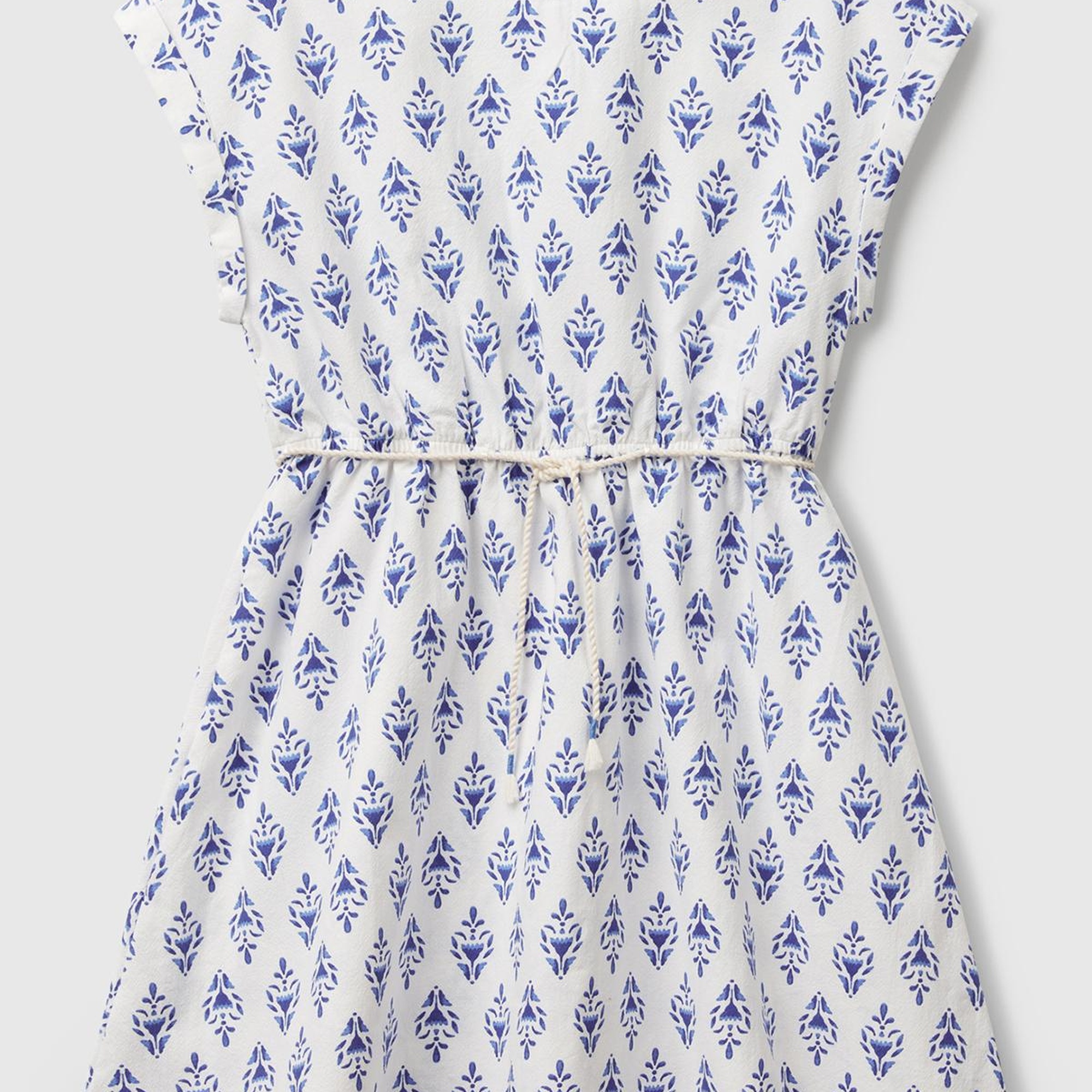 Kız Çocuk Mavi Desenli Beli Lastikli Büzgü İpli Kısa Kollu Elbise