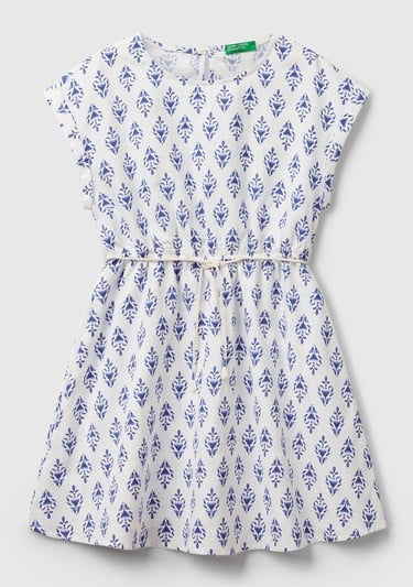  Kız Çocuk Mavi Desenli Beli Lastikli Büzgü İpli Kısa Kollu Elbise