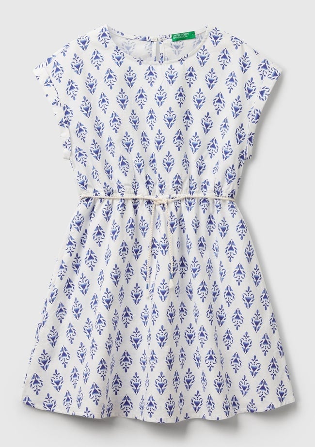  Kız Çocuk Mavi Desenli Beli Lastikli Büzgü İpli Kısa Kollu Elbise