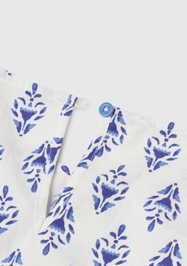  Kız Çocuk Mavi Desenli Beli Lastikli Büzgü İpli Kısa Kollu Elbise