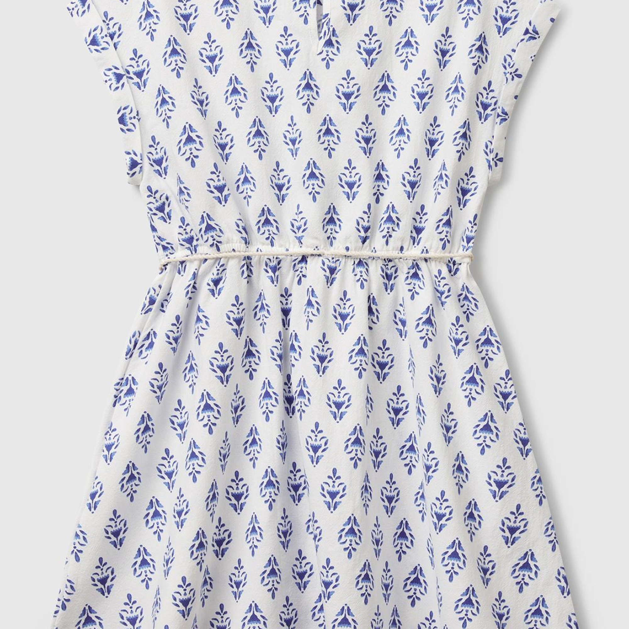 Kız Çocuk Mavi Desenli Beli Lastikli Büzgü İpli Kısa Kollu Elbise