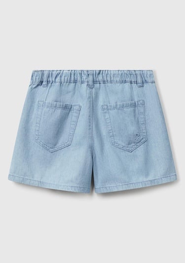  Kız Çocuk Açık Denim Arka Beli Lastikli Logo İşleme Detaylı Şönil Şort