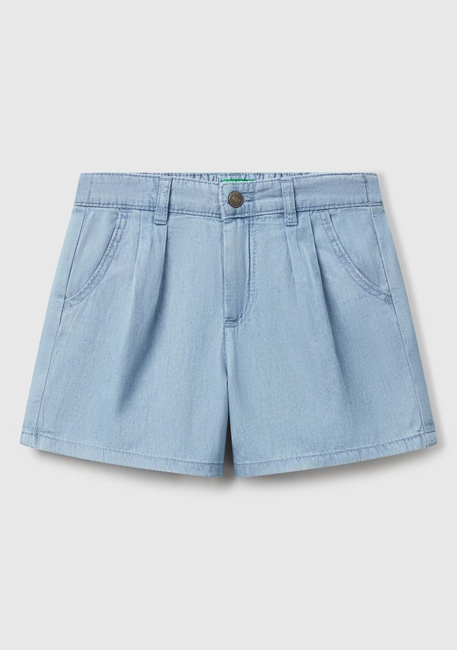  Kız Çocuk Açık Denim Arka Beli Lastikli Logo İşleme Detaylı Şönil Şort