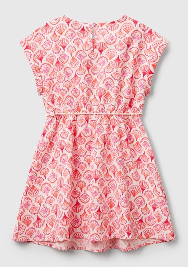  Kız Çocuk Pembe Desenli Beli Lastikli Büzgü İpli Kısa Kollu Elbise