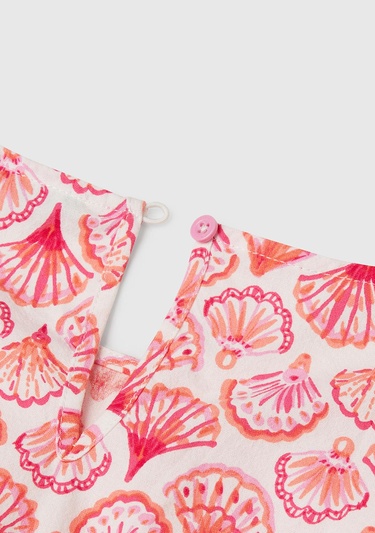  Kız Çocuk Pembe Desenli Beli Lastikli Büzgü İpli Kısa Kollu Elbise