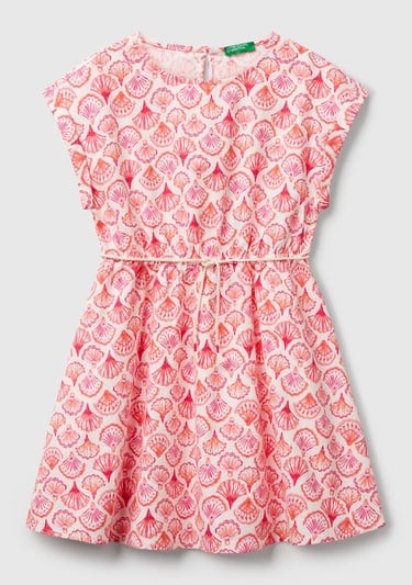  Kız Çocuk Pembe Desenli Beli Lastikli Büzgü İpli Kısa Kollu Elbise