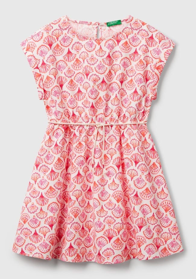  Kız Çocuk Pembe Desenli Beli Lastikli Büzgü İpli Kısa Kollu Elbise