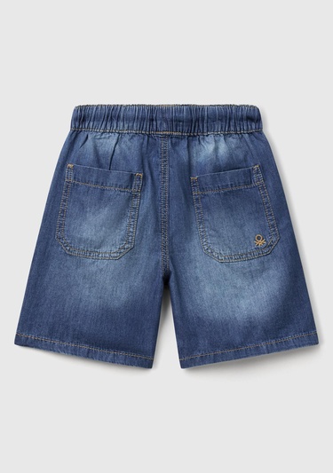  Erkek Çocuk Koyu Denim Arka Cebi Logo İşlemeli Büzgü İpli Denim Bermuda Şort